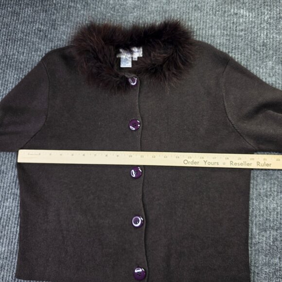 Rebecca Thomas Sweater Womens Medium Brown Feather Trim Cardigan Button Up - Picture 10 of 14